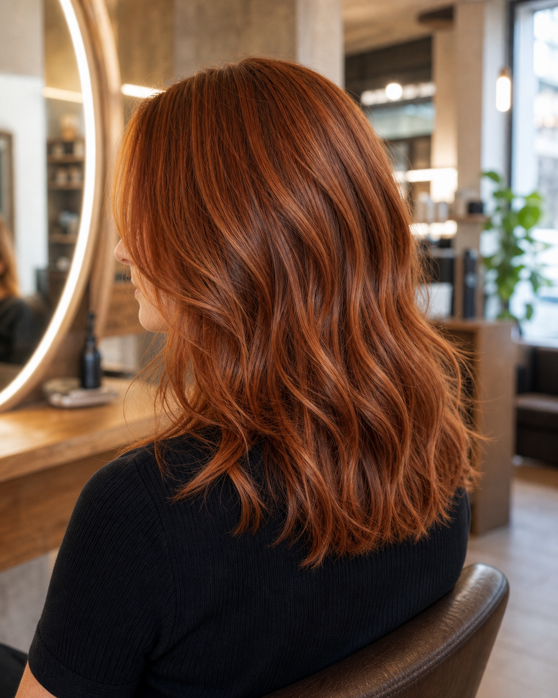 Warme kupferrote Haarfarbe mit glänzenden Wellen
