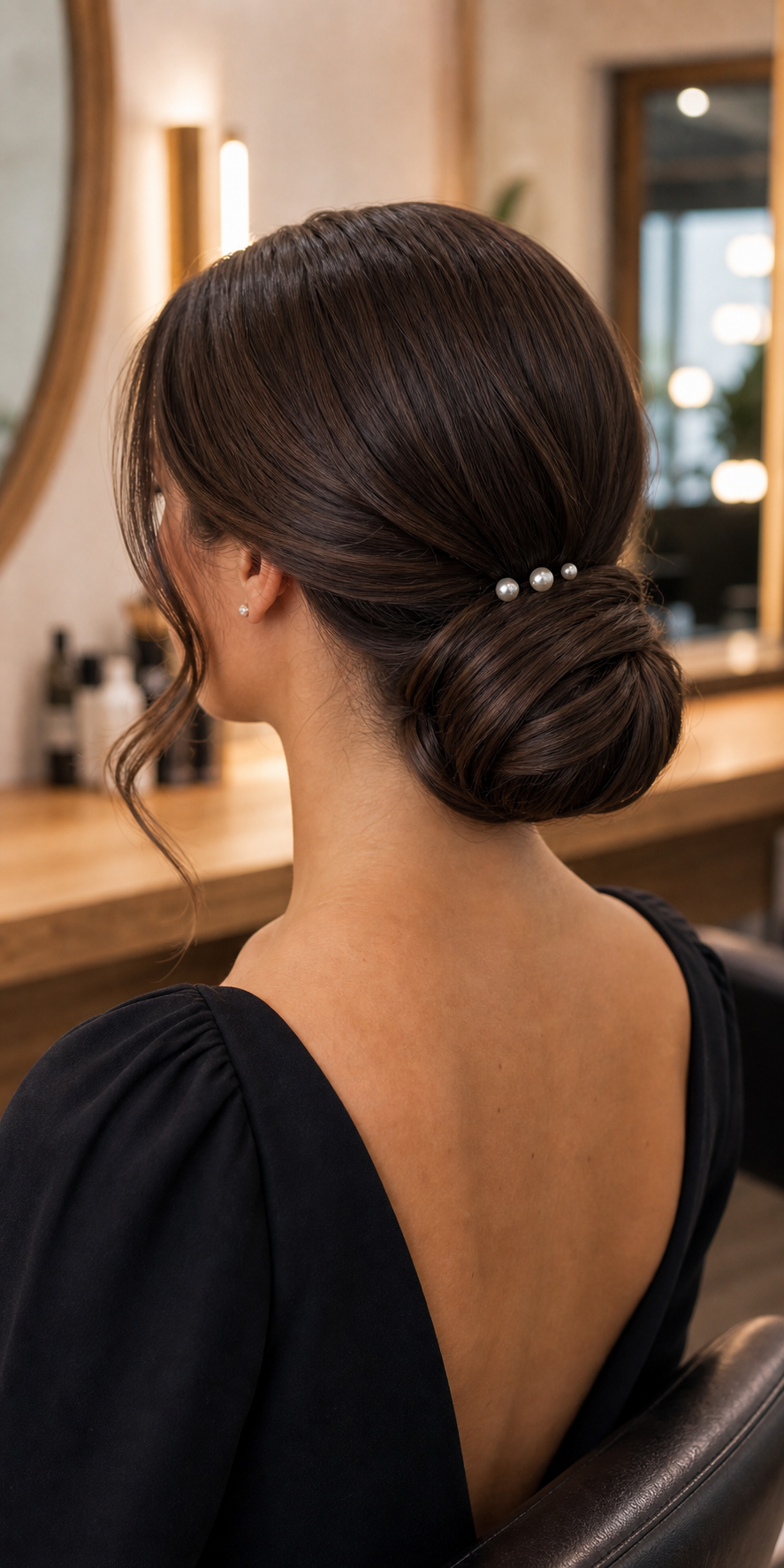 Eleganter tiefer Chignon mit Perlenspangen